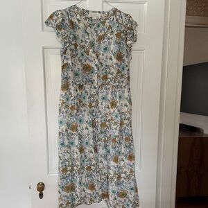 Trovata Floral Midi Dress in cream and teal. Kristi dress